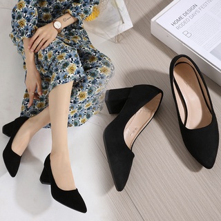 KAEVE 2 inch Korean Women suede Pointed Toe Black heels for graduation Office Work Block high Heel