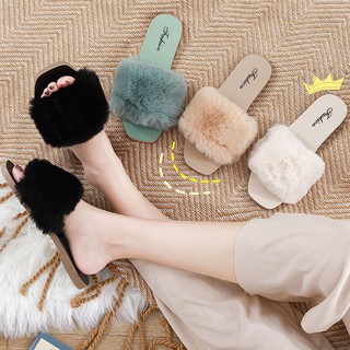 New fashion korean version flat slippers for women s outer wear fashion fur sandals Shopee Philippines