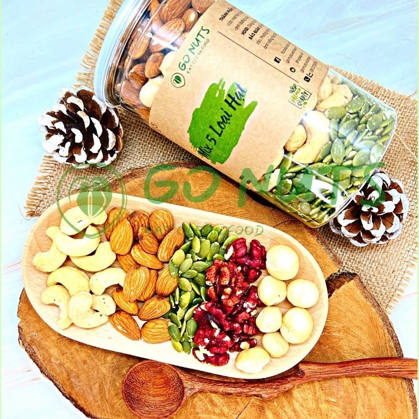 Mix 5 loại hạt dinh dưỡng 500g GO NUTS Hạnh nhân,Macca, Óc chó, Hạt điều,Bí xanh, Ngũ cốc dinh dưỡng