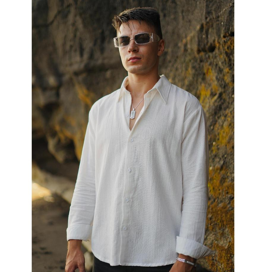 BEACHWELL Kemeja Pria Polos Lengan Panjang Casual Linen Katun Krinkel Premium Putih Hitam Cream Biru Hijau Coklat - Kemeja Luca Series