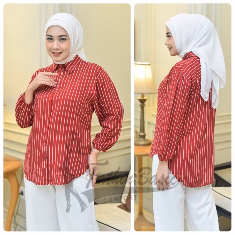 HANIFAH Kemeja Salur Rayon LD 110,120,130,140  Atasan Wanita Kekinian Oversize Lengan Panjang
