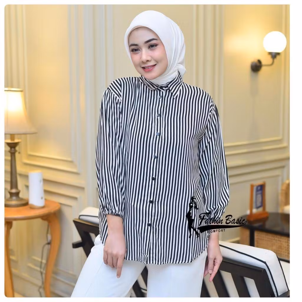 Kemeja Salur Rayon Terbaru Atasan Wanita Kekinian Oversize Lengan Balon