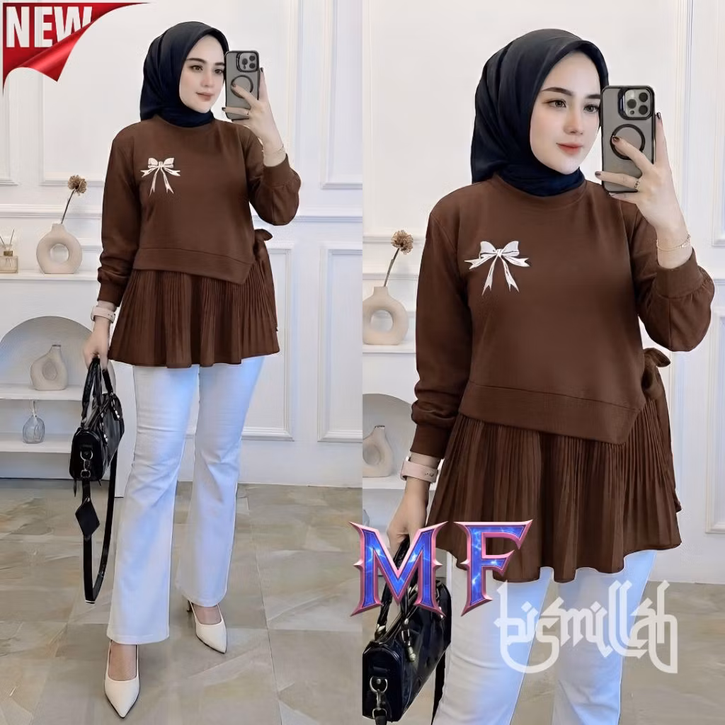 Kameja Blouse Mutiara Fashion Terbaru | Model Caramel Knit Plisket Bordir Kekinian