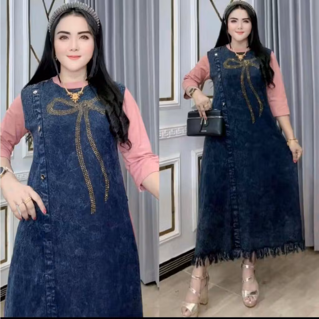 Midi Dress Jeans Wanita Model A-Line dengan Hiasan Pita – Casual & Modis Muat Sampai Bb 75 Kg