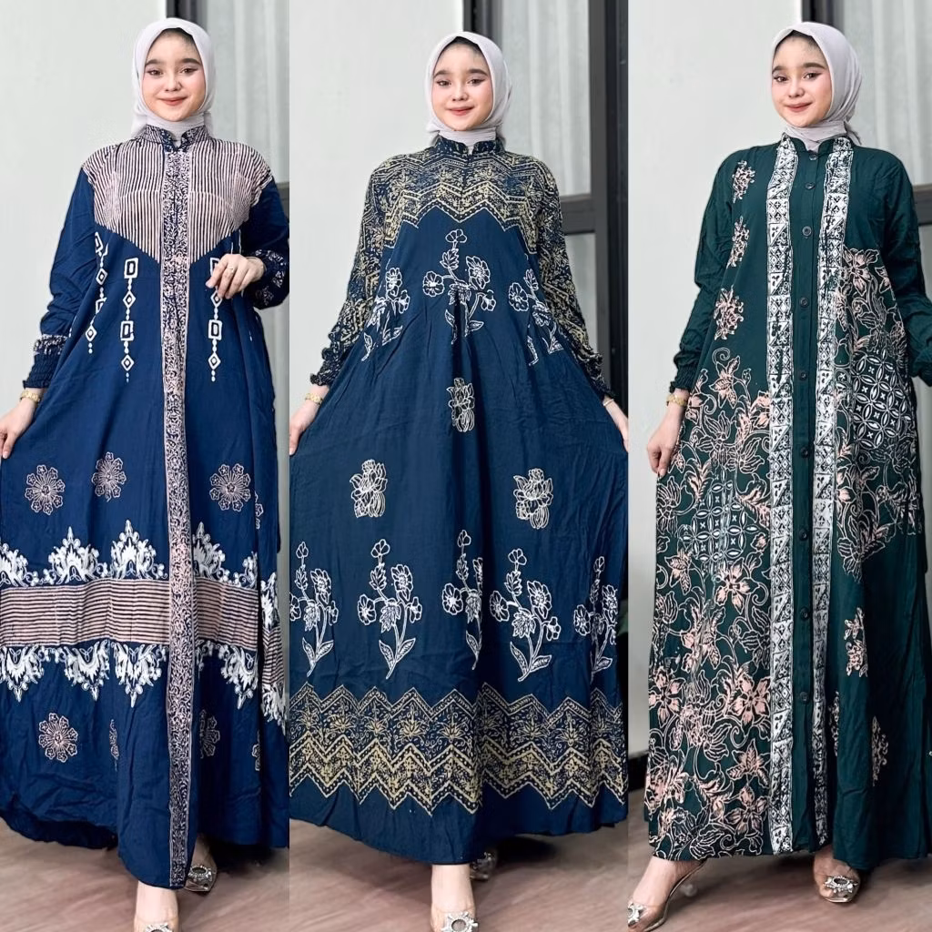 Gamis Twill Rayon Premium Model Kancing Terbaru Jumbo Syari Kekinian Batik Cap