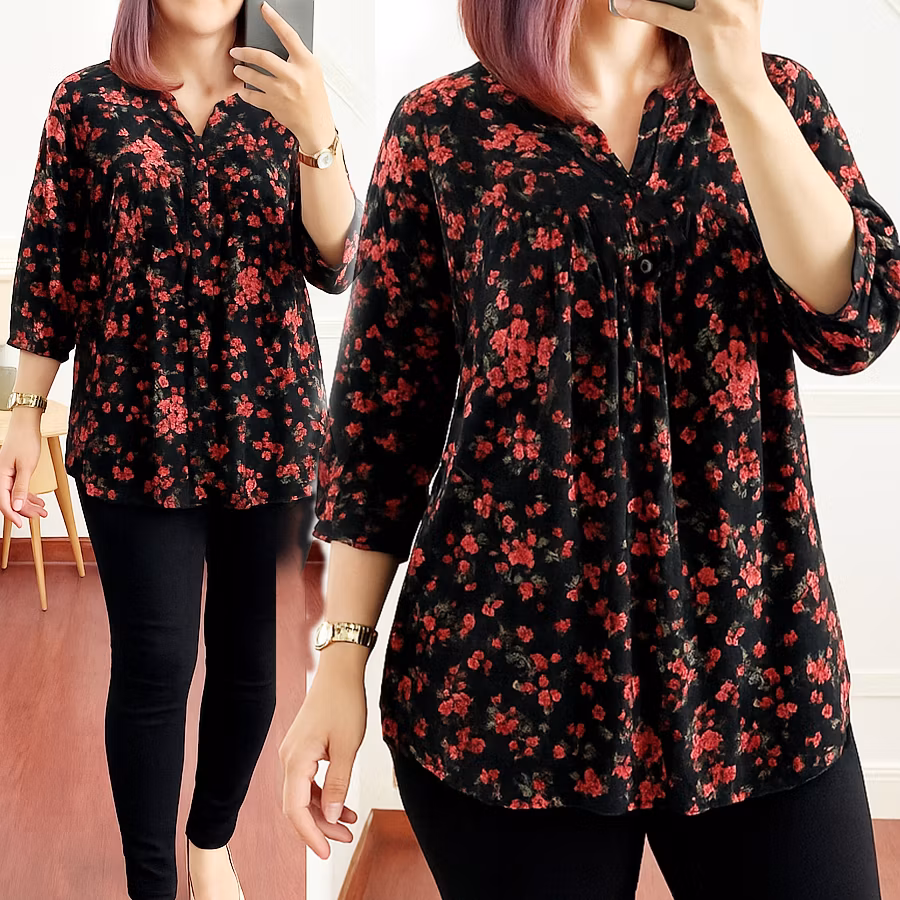 kemeja wanita jumbo motif bunga rayon lengan panjang 3/4 terbaru