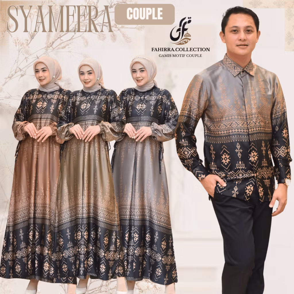 Baju Gamis dan Kemeja Couple Motif SYAMEERA Silk Premium Bunga Elegan Kondangan 2025