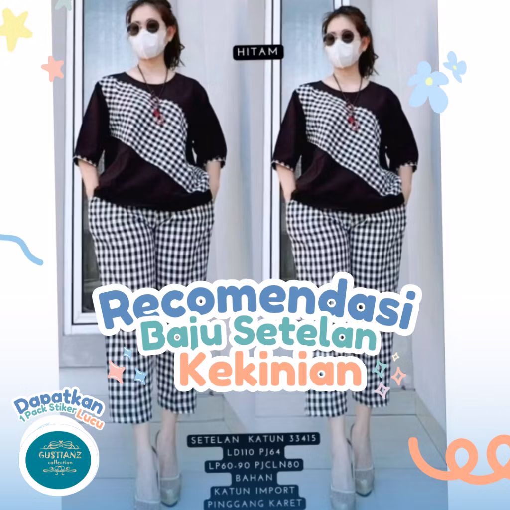 setelan wanita merah putih terbaru set wanita bahan katun kotak mix crinkel airflow yaman di pakai