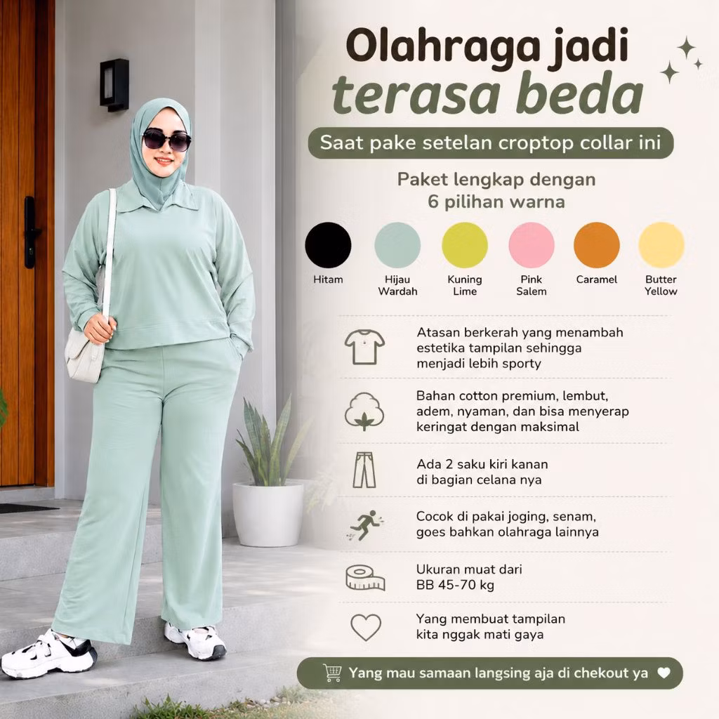 FLOURISHING Baju Olahraga Wanita 1 set Lengan Panjang Model Crop Terbaru Bahan COMBED BABY TERRY