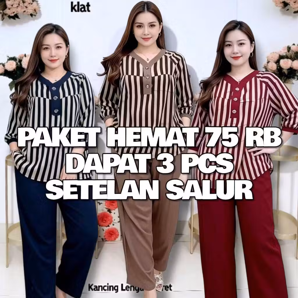 PAKET HEMAT 75 RB DAPAT 3 SETEL Baju setelan salur kancing depan aktif bahan katun adem premium