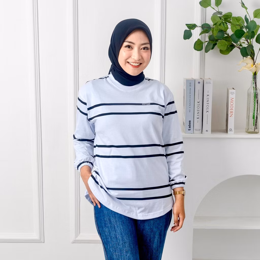 COTTEND STRIPE Atasan kaos Wanita OVAL lengan Panjang Lengan Garis Bahan Katun combed