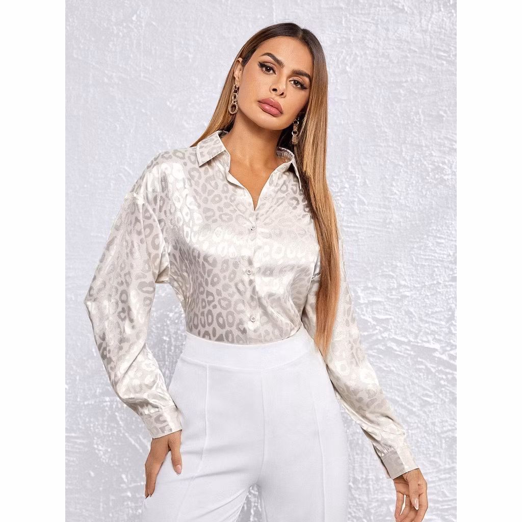 feminafashion#99029 Blouse Satin Motif Leopard Elegan/ Kemeja Formal  Size Besar