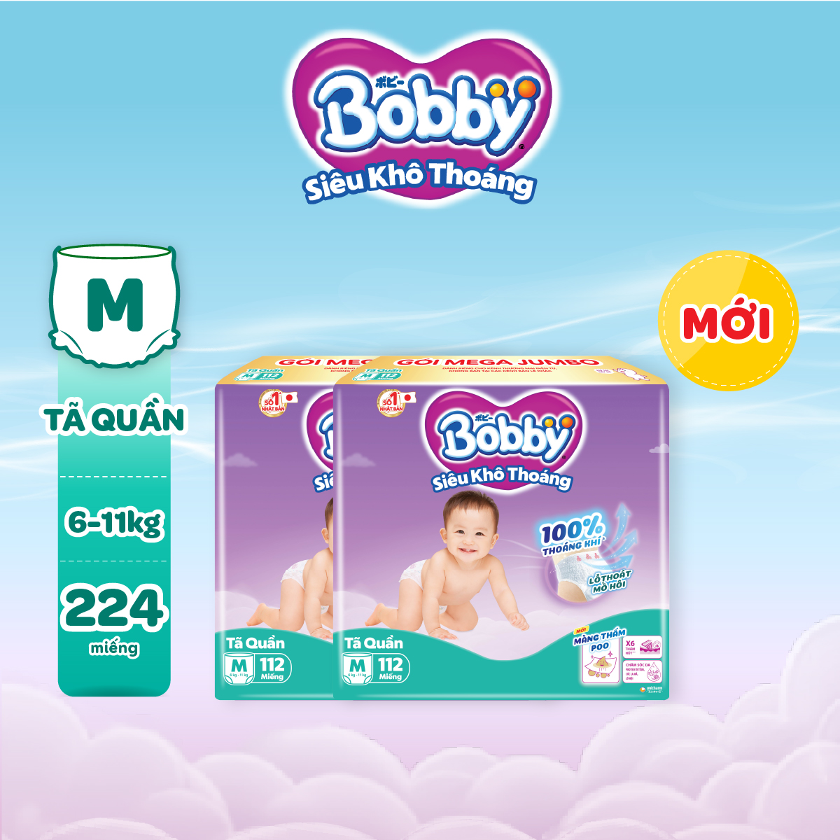[TẶNG MIẾNG NGẪU NHIÊN] Combo 02 tã quần Bobby Khô Thoáng - 100% Thoáng Khí Mega Jumbo M112/L96/XL84/XXL76