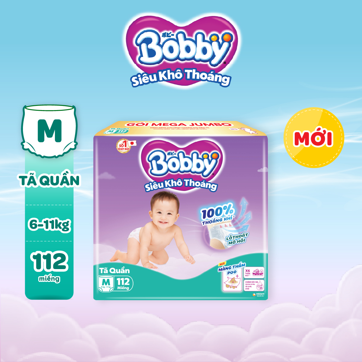 [TẶNG MIẾNG NGẪU NHIÊN] Tã quần Bobby Khô Thoáng - 100% Thoáng Khí Mega Jumbo  M112/L96/XL84/XXL76