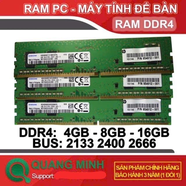 Ram PC DDR4 4GB, 8GB, 16GB Bus 2133/2400/2666/3200 dùng cho máy tính để bàn (bảo hành 36 tháng)