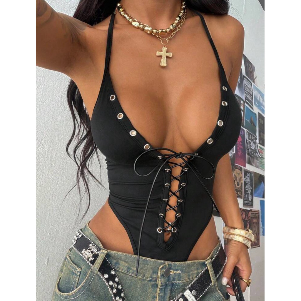 [Order](Lùi Size)(Sẵn Trắng Xs, S, Nude M) Áo Liền Thân Cá Tính, Cổ Khoét Phối DâyBuộc(Cận Chất Hình Cuối)