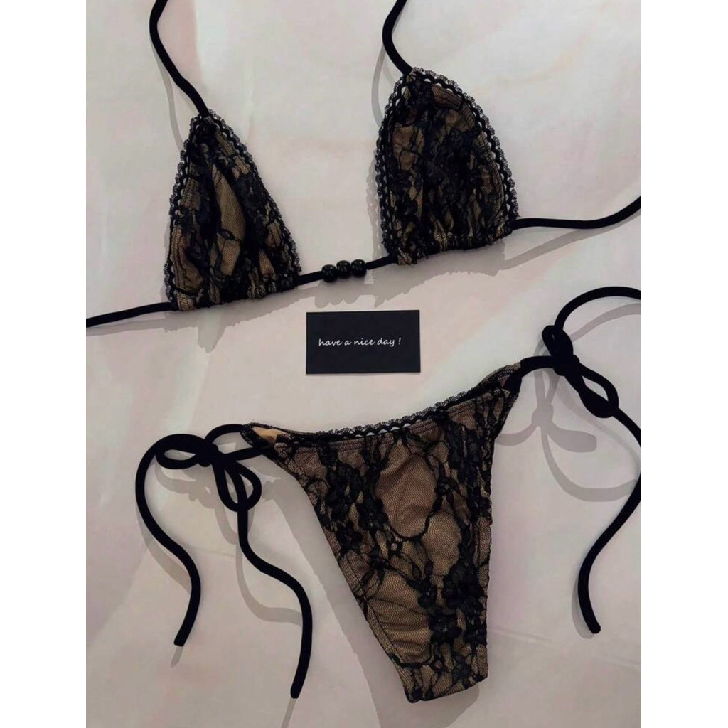 [Order] (Sẵn Đen S)Set Bikini 2 Mảnh Hoạ Tiết Ren Phối Hạt Phù Hợp Mùa Hè, Đi Biển