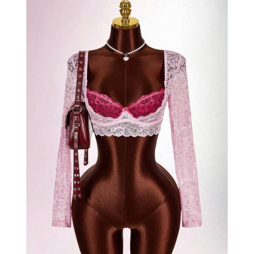 [Order] Áo Kiểu Tay Dài Chất Ren Phối 2 Lớp Màu Hồng Phù Hợp Đi Chơi, Nhảy Nhót.