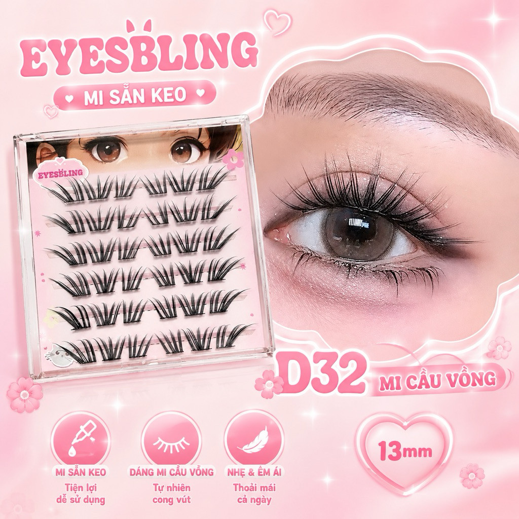 Mi giả sẵn keo Eyesbling(mua 2 hộp tặng nhíp) mi cầu vồng hiệu ứng siêu to mắt